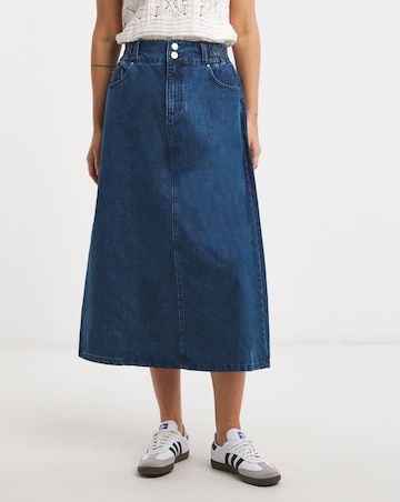 Mid Blue Elasticated Waist Midi Denim Skirt