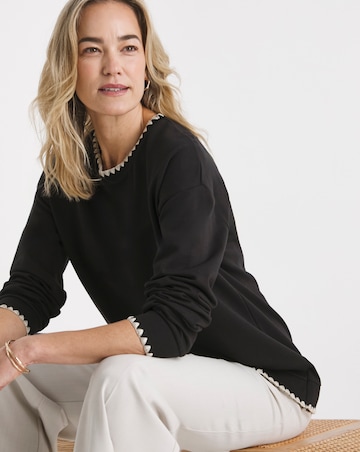 Pure Cotton Black Crew Neck Stitch Detail Sweatshirt