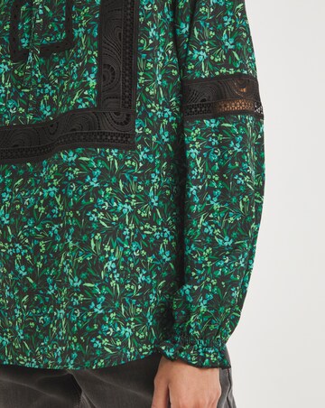 Premium Lace Trim Detail Tie Neck Blouse