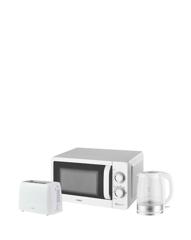 Tower 1.7 Litre Glass Kettle + 2 Slice Toaster + 20L Manual Microwave