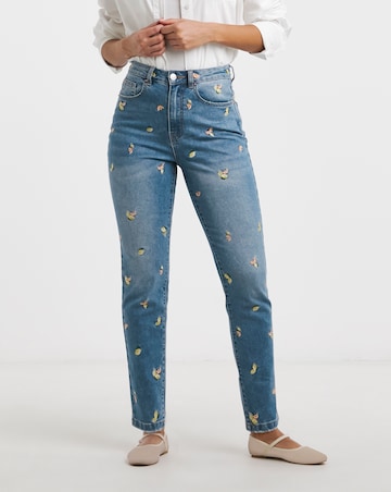 Simply Be Mid Blue Fruit Embroidered Slim Mom Jeans