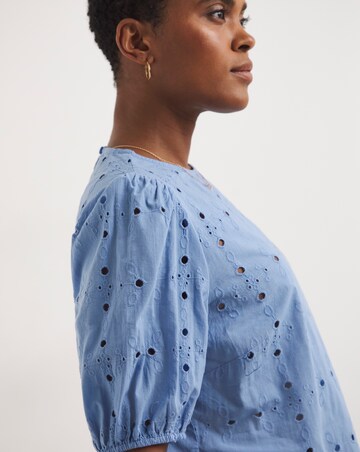 Blue Puff Sleeve Broderie Top