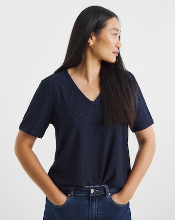 Navy V-Neck Broderie T-Shirt