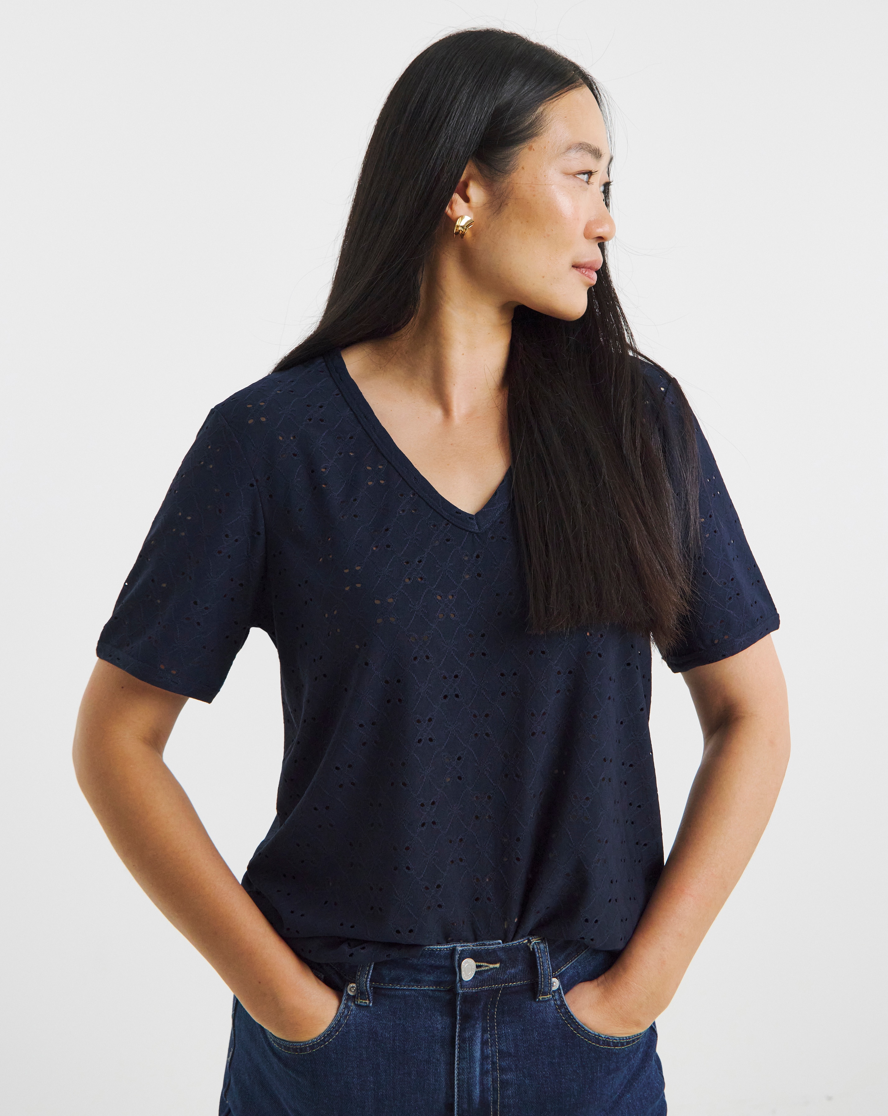 Navy V-Neck Broderie T-Shirt