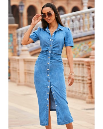 Sosandar Mid Blue Panelled Detail Button Front Denim Dress