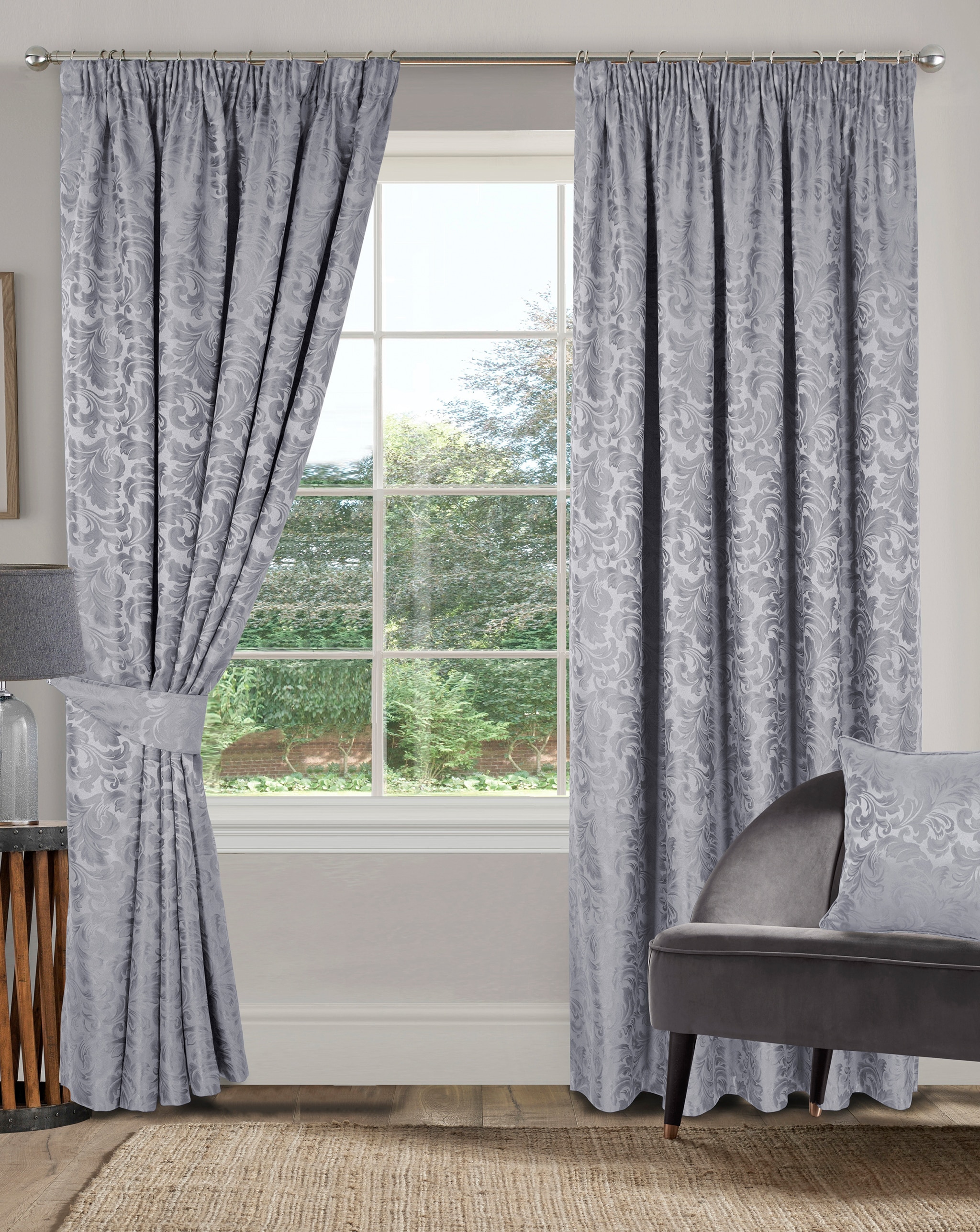 Buckingham Jacquard pencil pleat lined curtains in grey colour