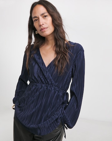 Navy Plisse V Neck Longline Wrap Top