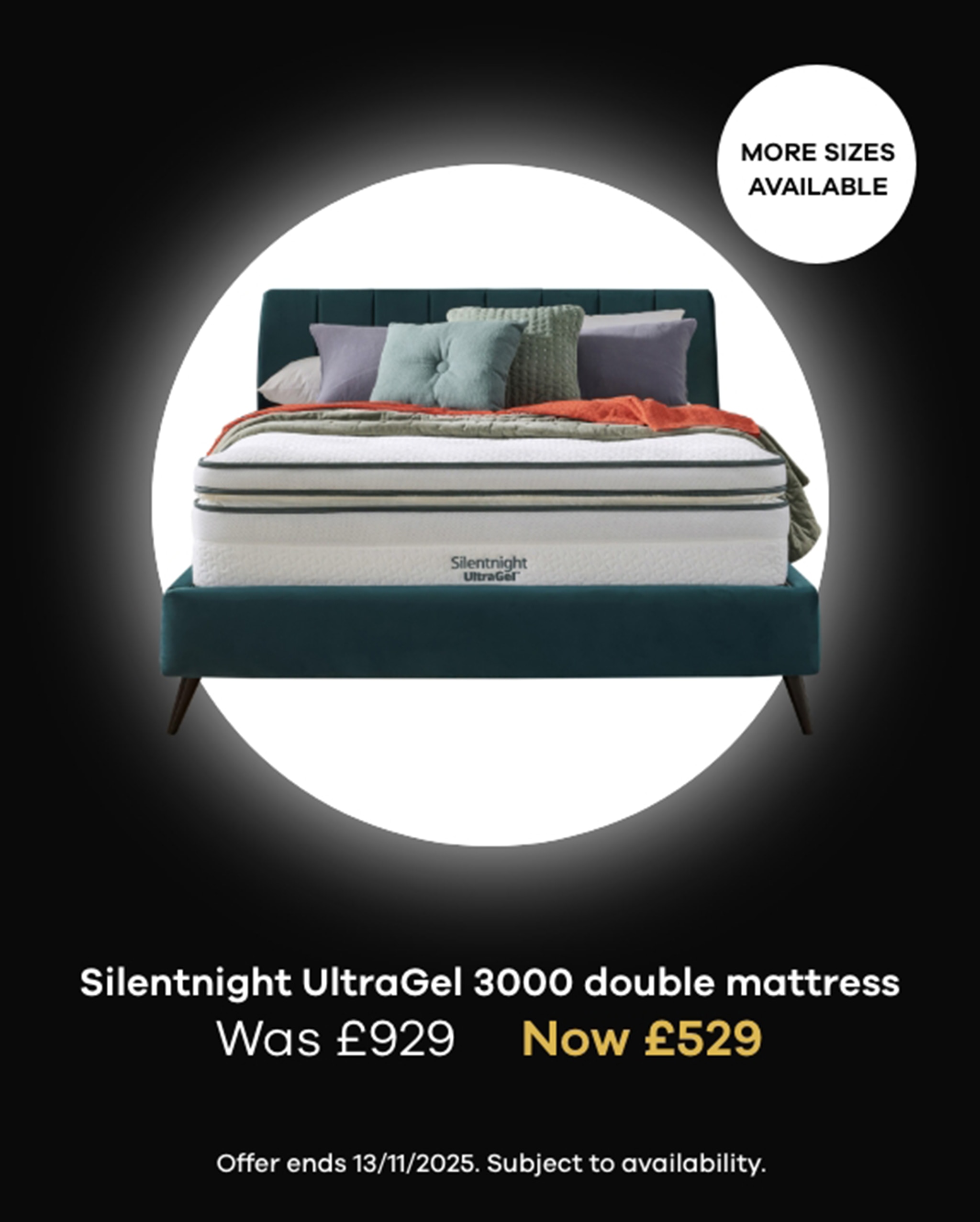 Black friday offer. Silentnight mattress deal. Save now. Image of mattress. Spotlight Deals. Silentnight UltraGel 3000 double mattress 