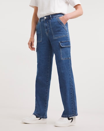 Mid Wash Cargo Straight Leg Jeans