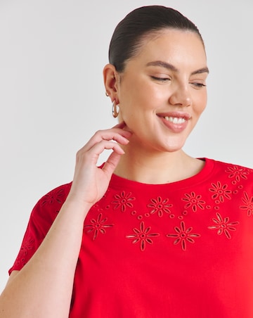 Simply Be Red Broderie Grown On Sleeve T-Shirt
