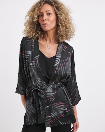 Black Print Satin Kimono With Tie Belt