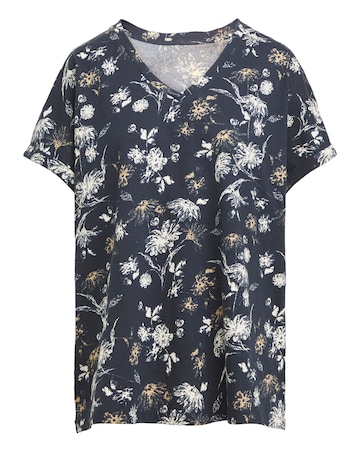 Pure Cotton Floral Print V-Neck Short Sleeve T-Shirt