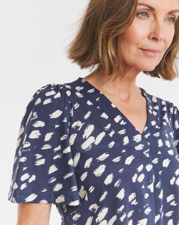 Navy Print V Neck Angel Sleeve Top