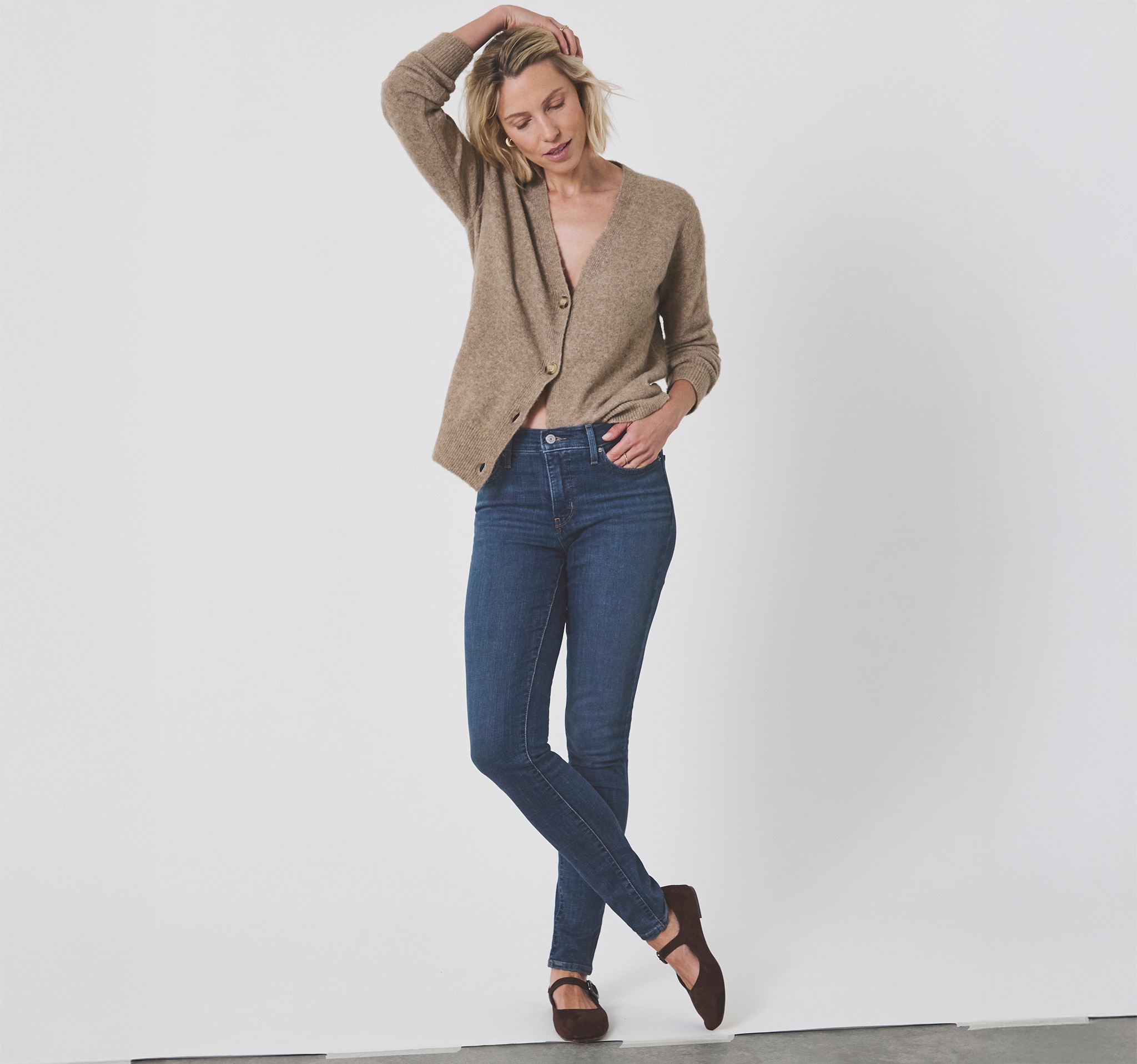 A lady wearing Levi's denim jeans