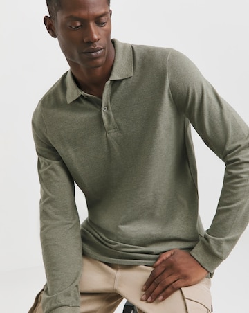 Long Sleeve Marl Pique Polo Long Length- Khaki