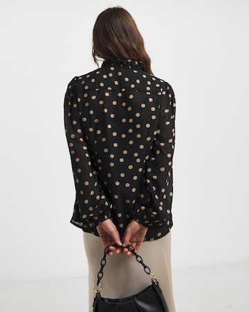 Black Ruched Sleeve Half Placket Tie Neck Top