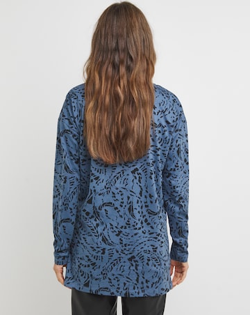 Pure Cotton Blue Print Long Sleeve Slouch V-Neck Longline Top