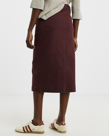 Burgundy Button Through Denim Midi Skirt