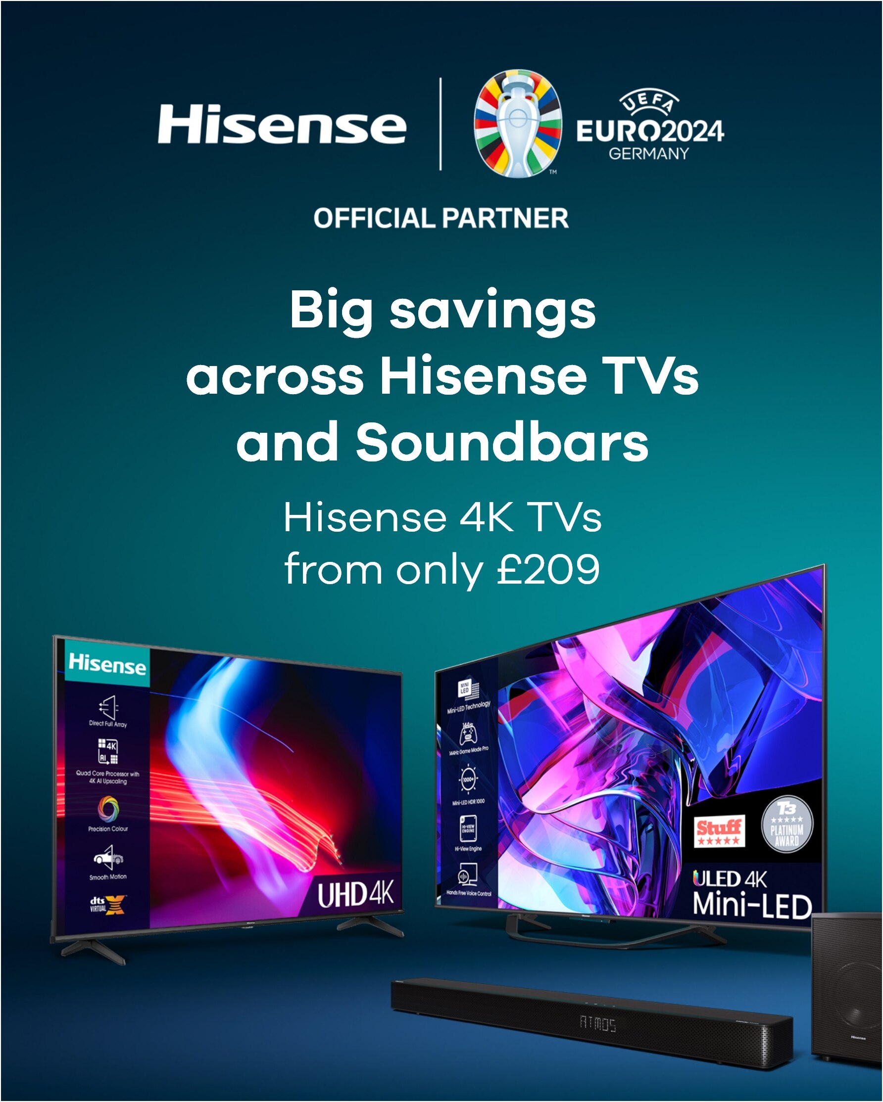 selection of Hisense brand Televisions on offer  for Euro 2024. Logos are shown above.