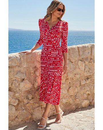 Sosandar Red Spot Print Twost Front Ruched Sleeve Fit and Flare Dress