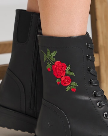 Heavenly Feet Floral Martina Lace Up Chunky Boot Wide E Fit