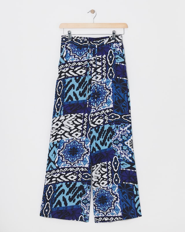 Blue Printed Spun Viscose Pull On Wide Leg Trousers