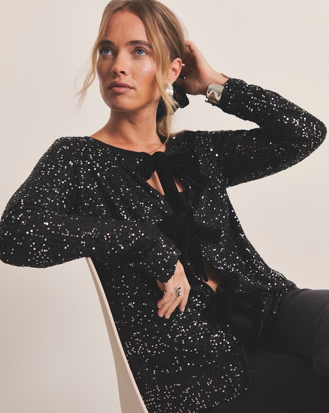 Pewter Bow Linear Sequin Cardigan