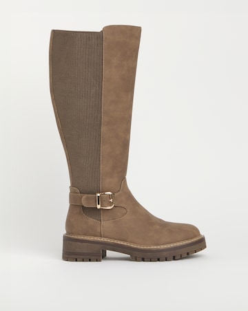 Apollo Knee High Elasticated Boots Buckle Detail - Wide Fit (E) & Curvy Calf