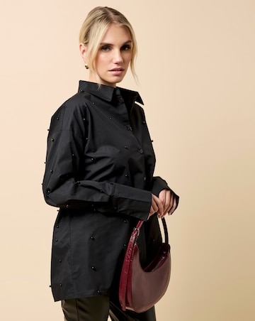 Little Mistress Black Cotton Pearl Embellished Shirt