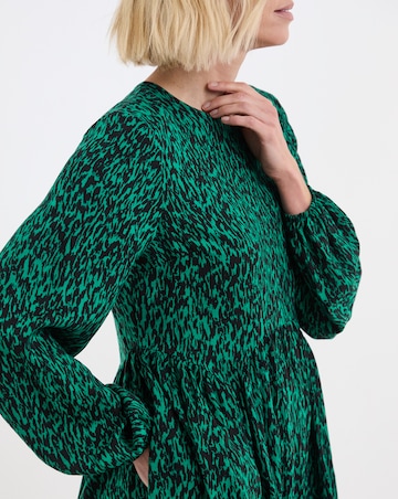 Shirred Cuff Long Sleeve Tea Dress