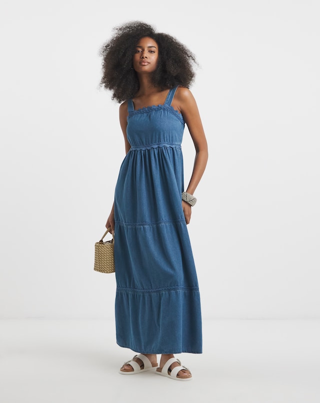 Simply Be Mid Blue Ric Rac Detail Denim Midaxi Sun Dress