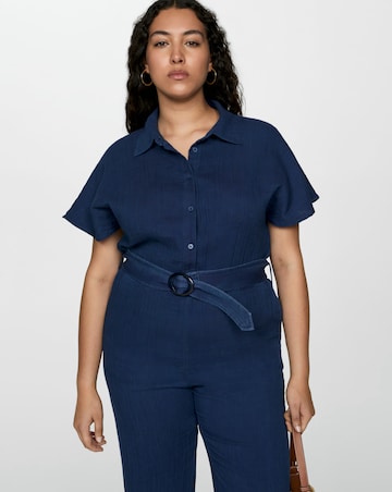 Mango Textured Cotton Navy Jumpsuit