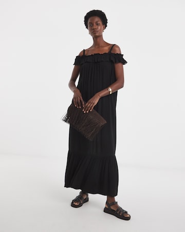 Frill Detail Bardot Crinkle Dress