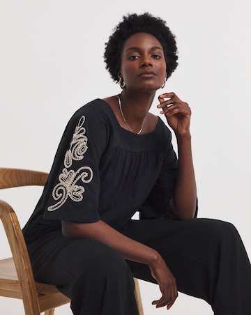 Black Cornelli Embroidered Sleeve Square Neck Top