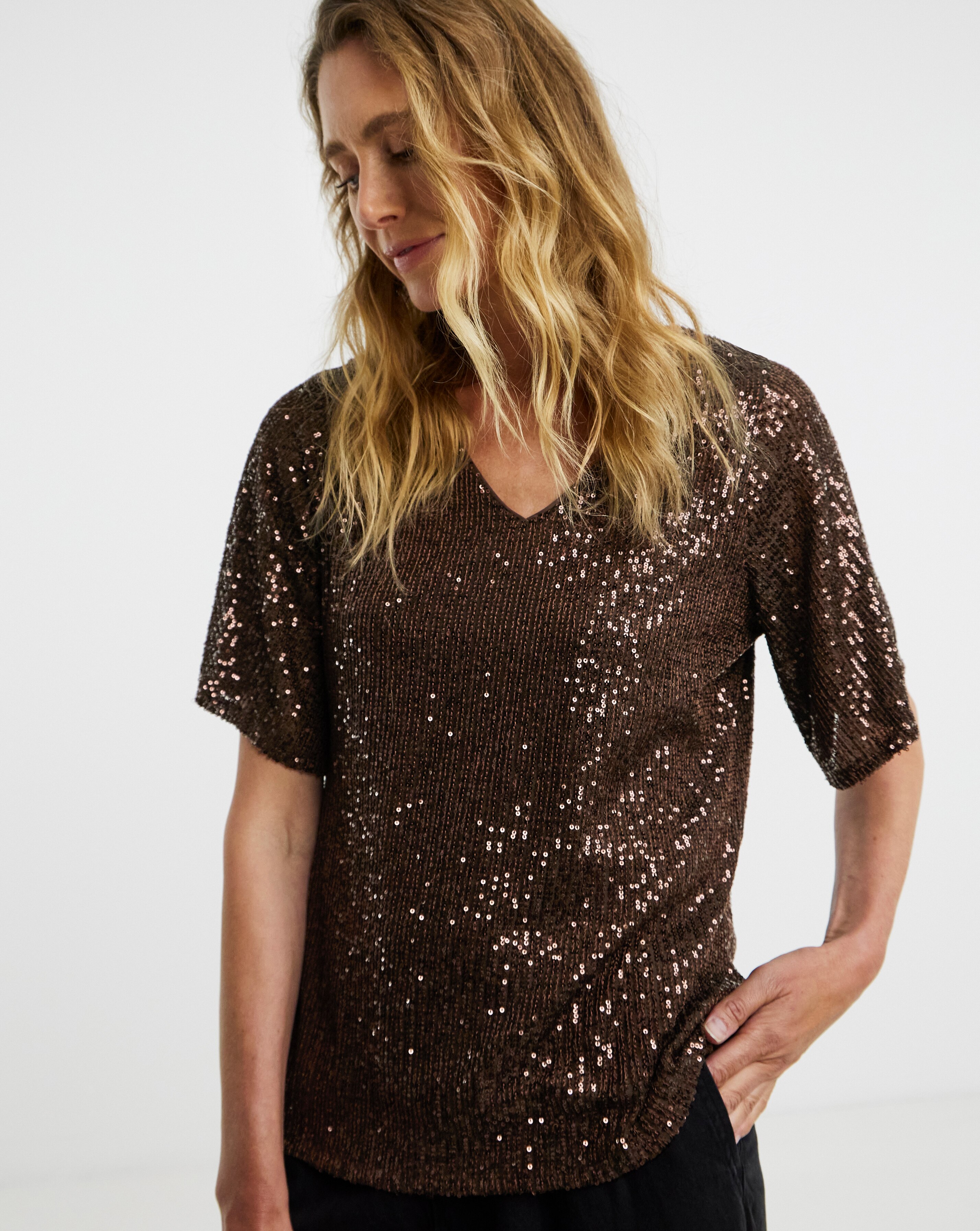 Sequin V-Neck Angel Sleeve Top