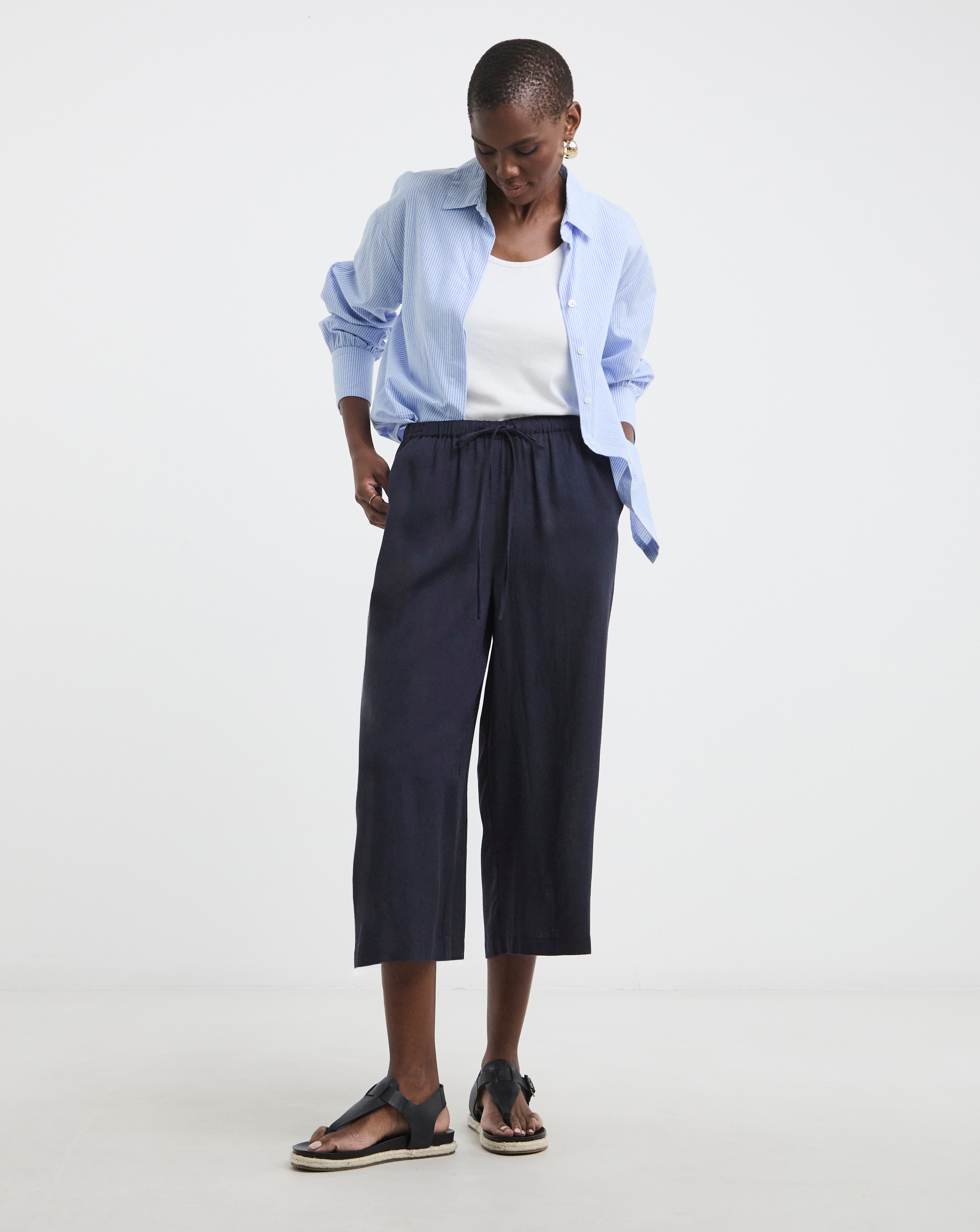 Navy Linen Mix Cropped Wide Leg Culottes | JD Williams