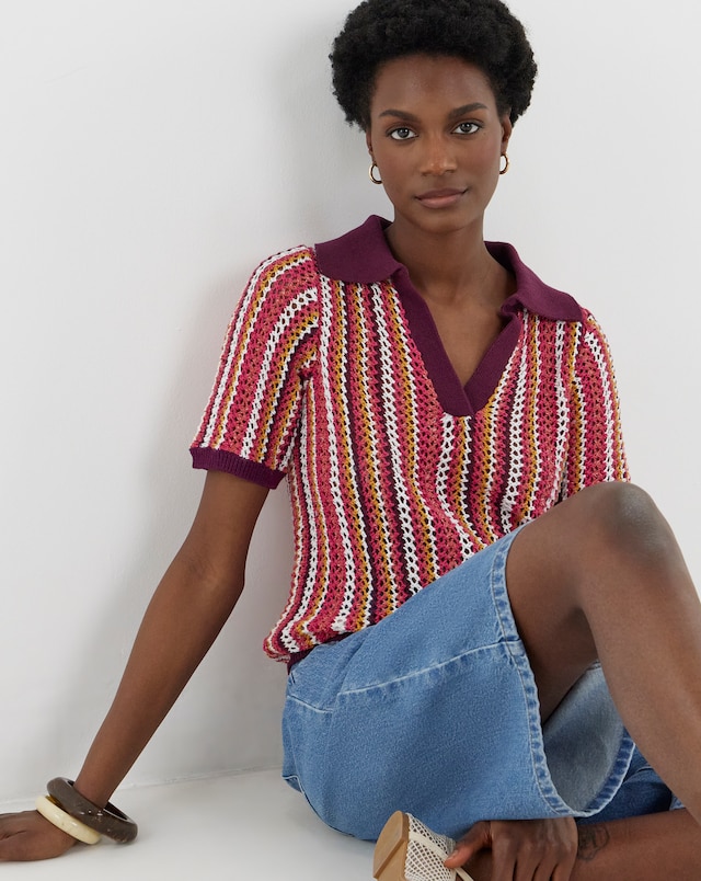 Crochet Stripe Knitted Short Sleeve Polo