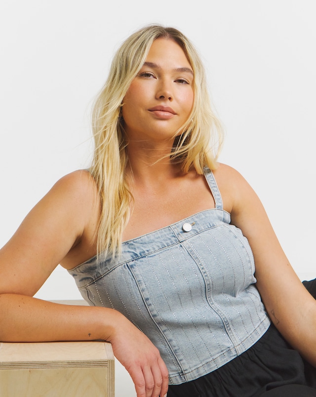 Simply Be Light Wash Diamante Pinstripe Denim Corset