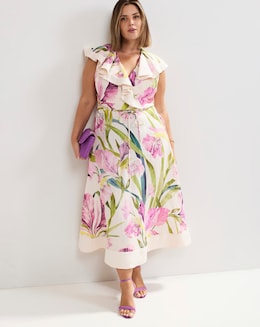 Phase Eight Matilda Floral Linen Ruffle Midi Dress