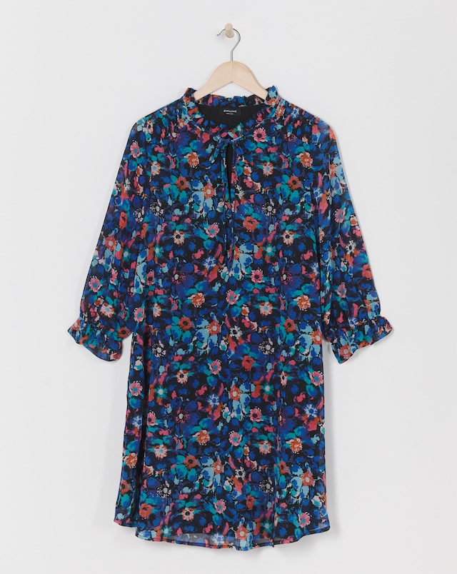 Trapeze Swing Dress with Tie Neck and Shirred Detail