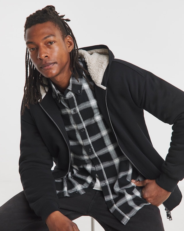 Borg Lined Full Zip Hoodie - Black