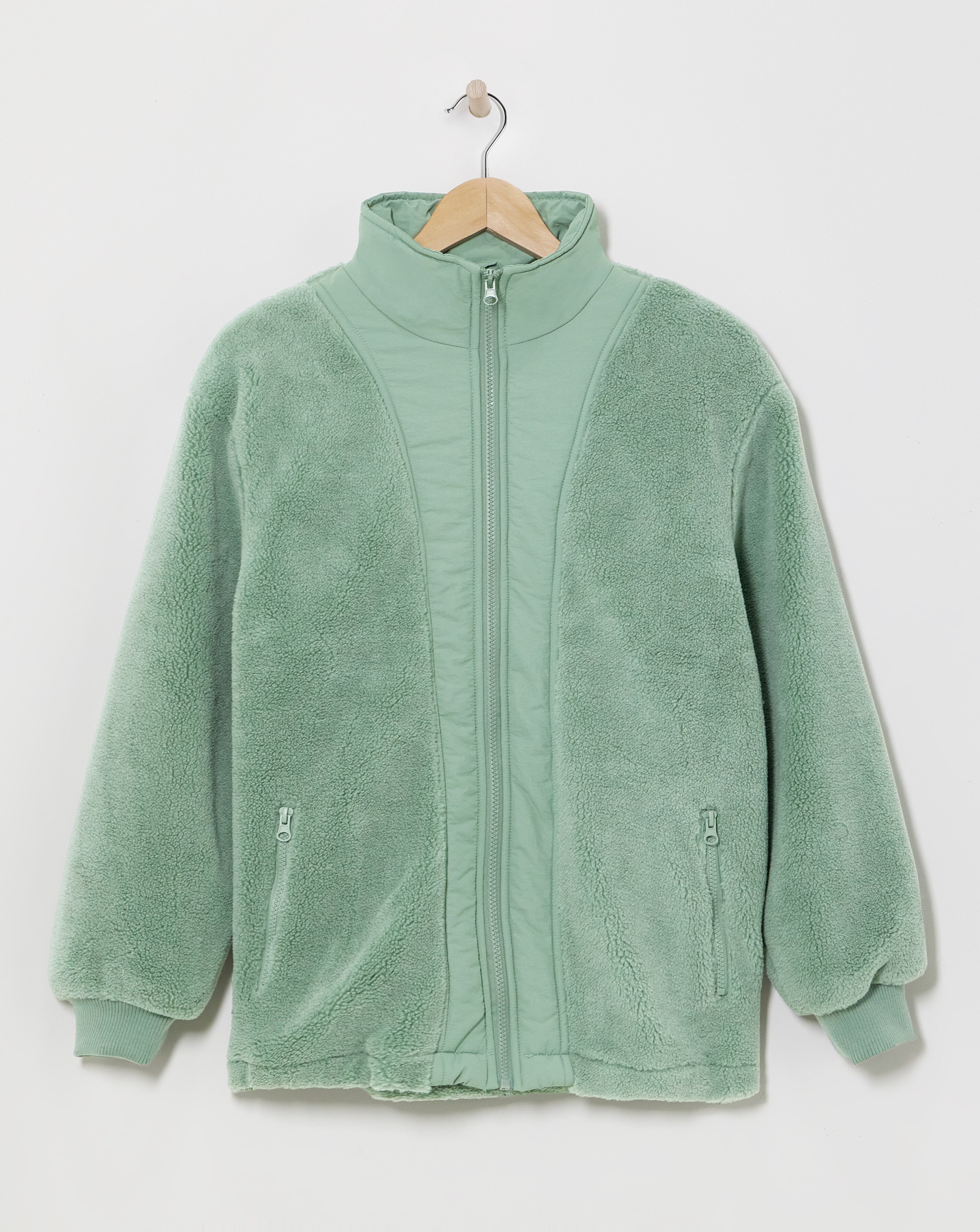 Green Funnel Neck Lined Longline Borg Jacket