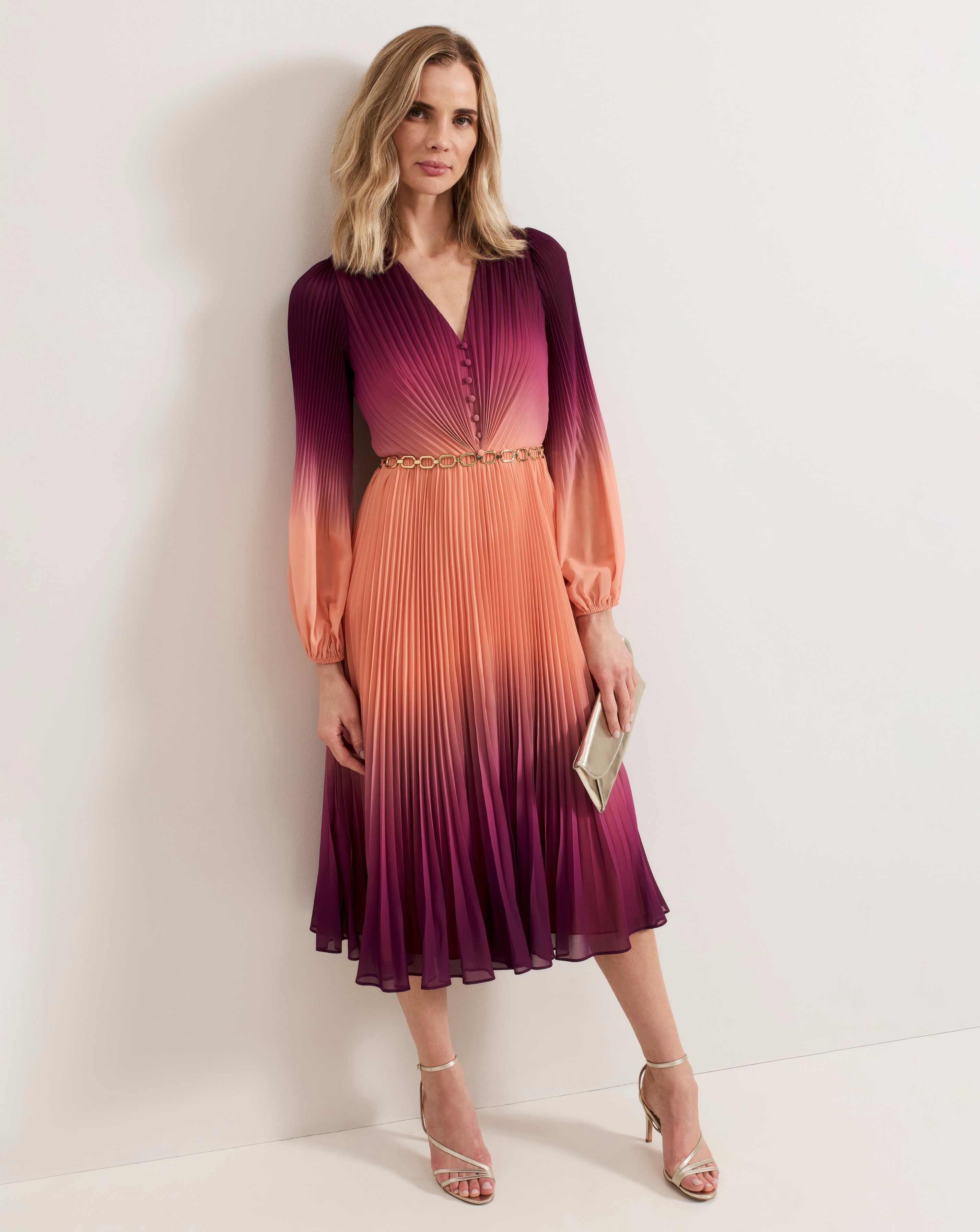 Phase Eight Mira Ombre Button Detail Pleat Dress | JD Williams