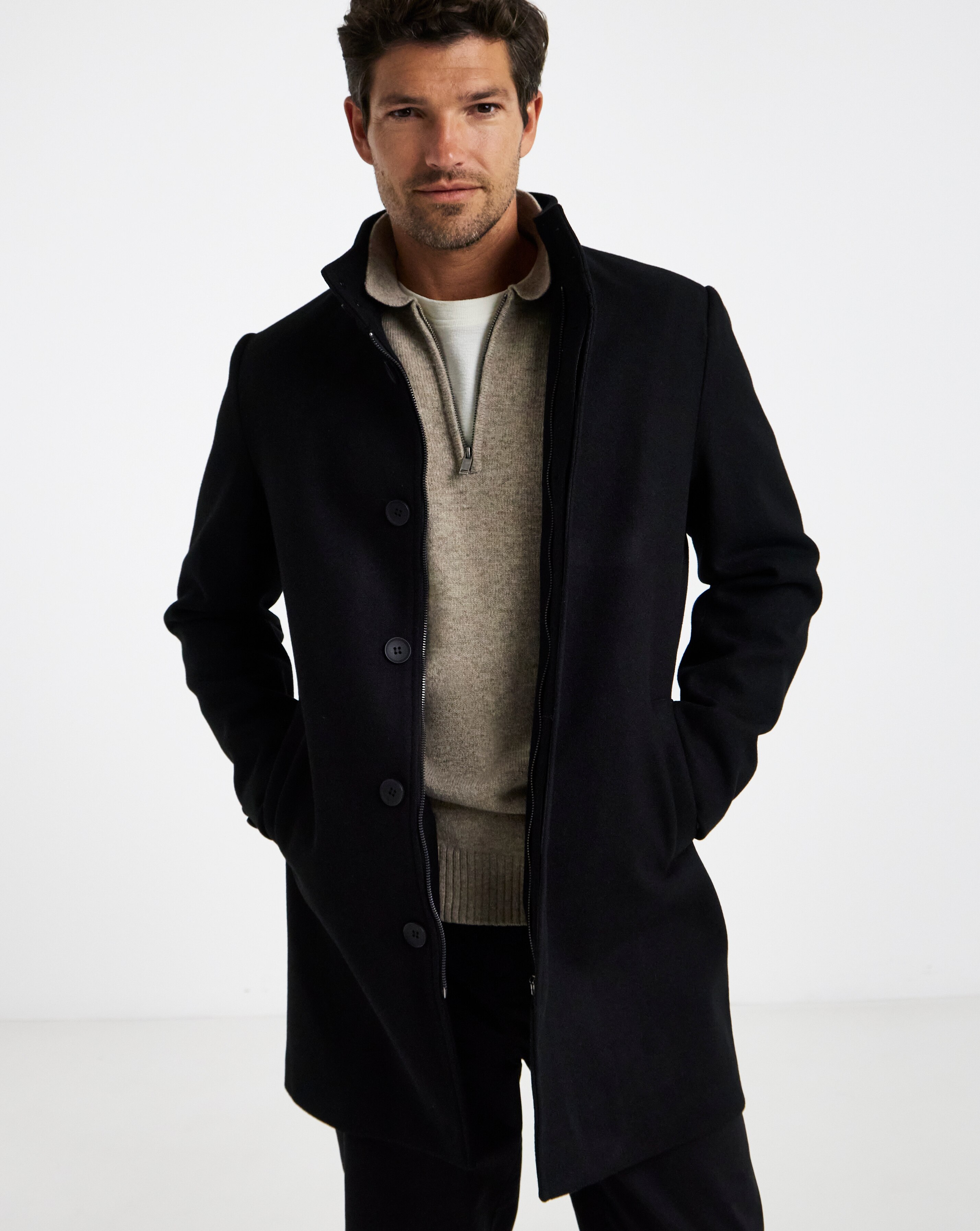ジャケット・アウター ENOF twill long coat M size Black Faux Wool Funnel Neck Coat | JD Williams