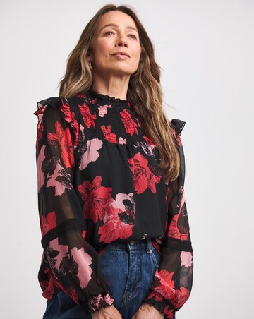 Red Print Shirred Yoke Top With Lace Insert