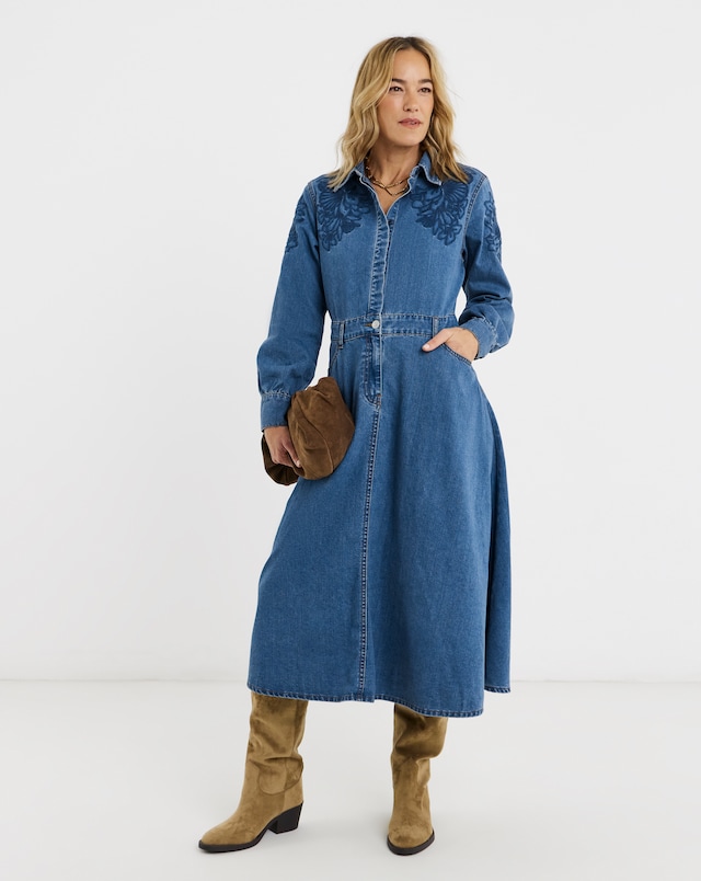 Blue Embroidered Denim Midi Dress
