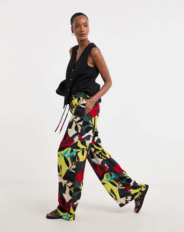 Tropical Textured Crinkle Pull On Wide Leg Trousers