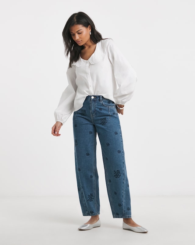 Simply Be Embroidered Barrel Leg Jeans- Mid Wash