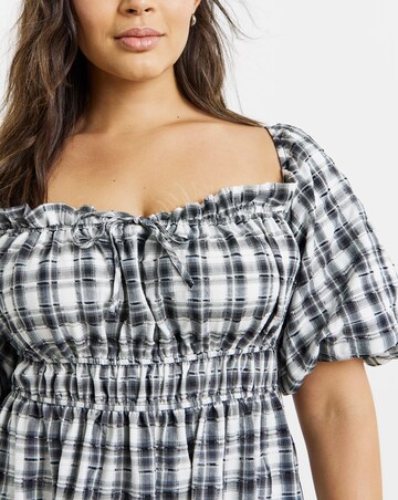 Simply Be Mono Check Midi Dress With Shirred Bodice