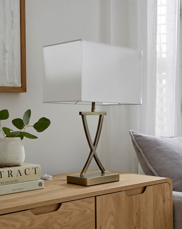 Antique Brass Metal and White Faux Silk Shade Club Table Lamp